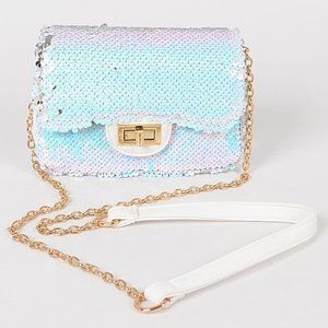 Women's Sky Blue & White Flashy Party Sequin Clutch With Shoulder Strap